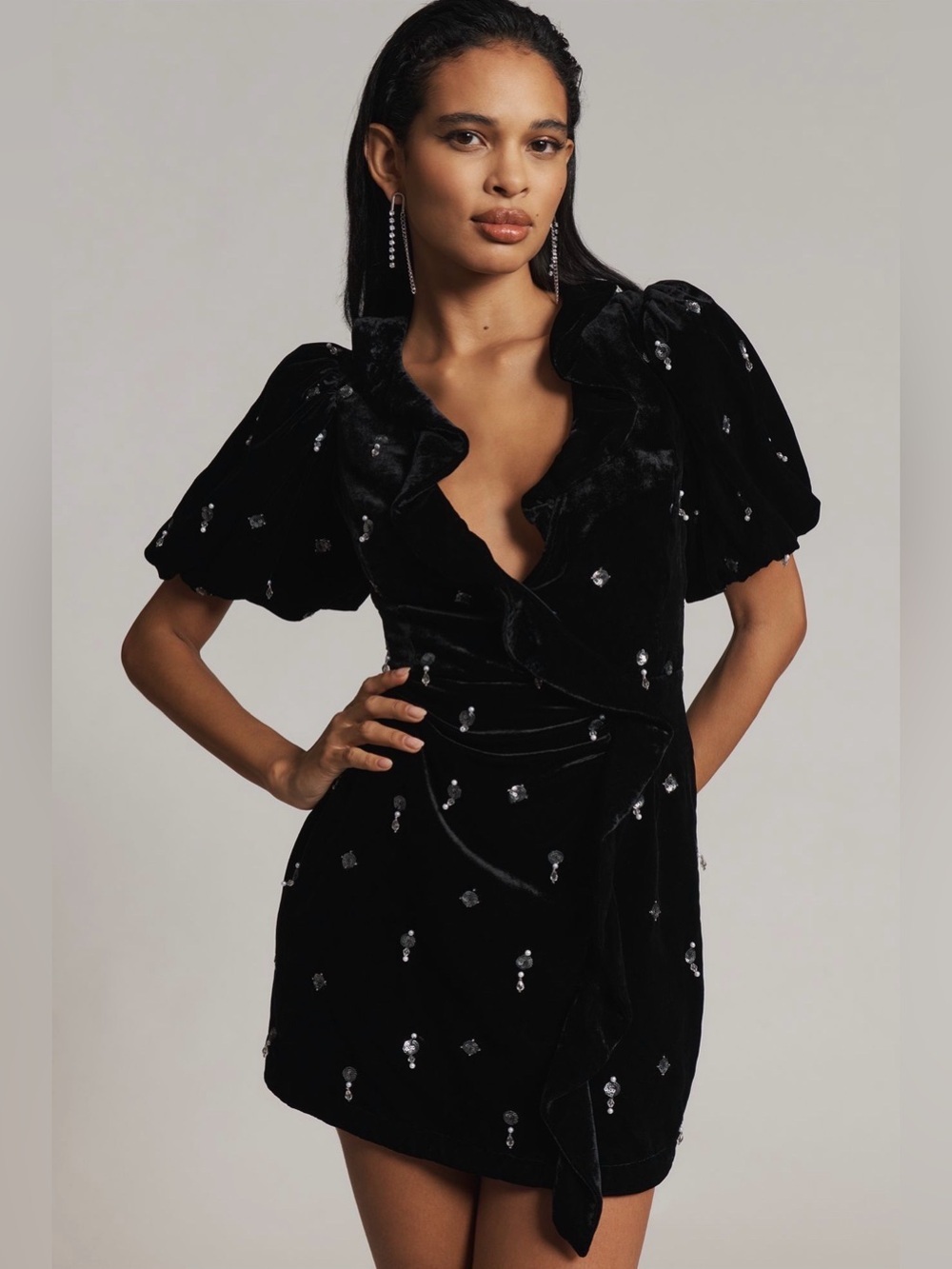 Anthropologie Maeve Black Velvet Mini Dress 2 Sequin Pearl Puff Sleeve Party